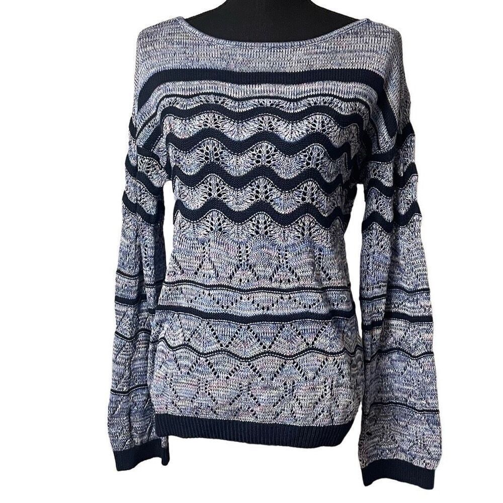 Evolution Blue Confetti Ric-Rac Open Knit Pullover Sweater